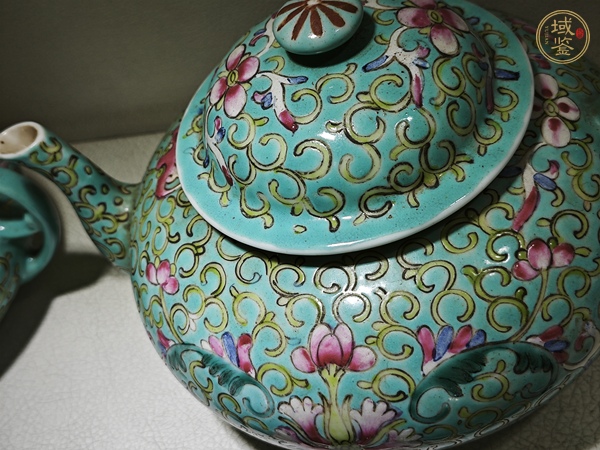 古玩陶瓷民國(guó)松石綠地寶相花茶具真品鑒賞圖