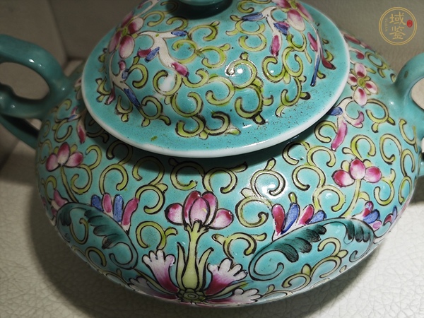 古玩民國(guó)松石綠地寶相花茶具真品鑒賞圖