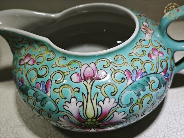 古玩陶瓷民國(guó)松石綠地寶相花茶具真品鑒賞圖