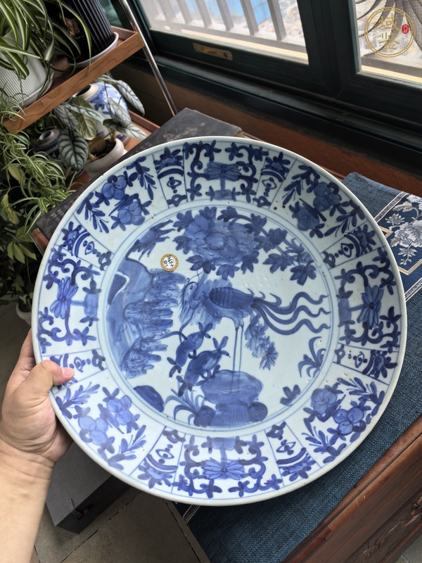 古玩漳州窯青花洞石鳳凰牡丹花卉紋盤真品鑒賞圖