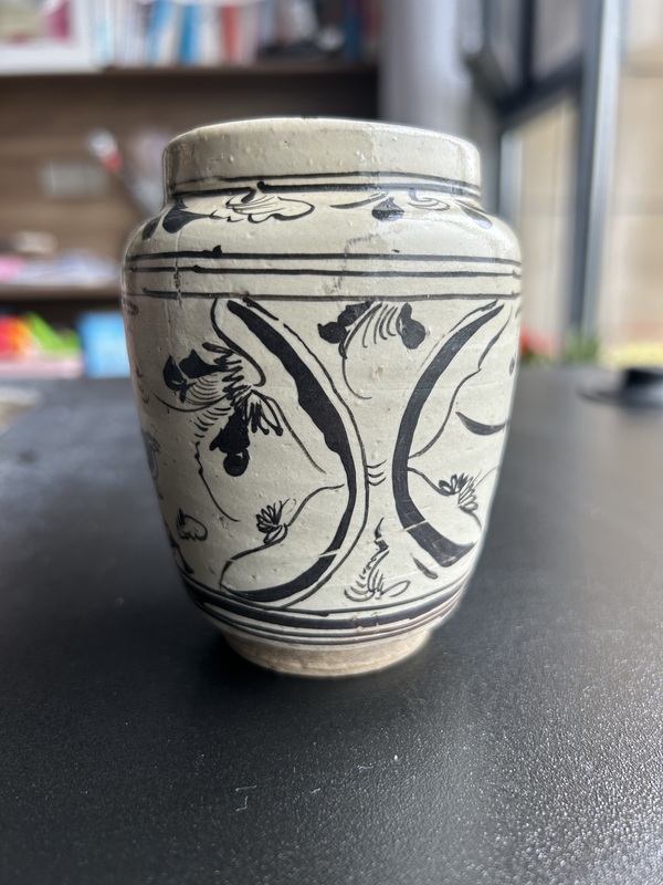 古玩陶瓷元代磁州窯白地黑花花鳥蝴蝶紋罐（蝴蝶鳥紋）拍賣，當前價格1728元