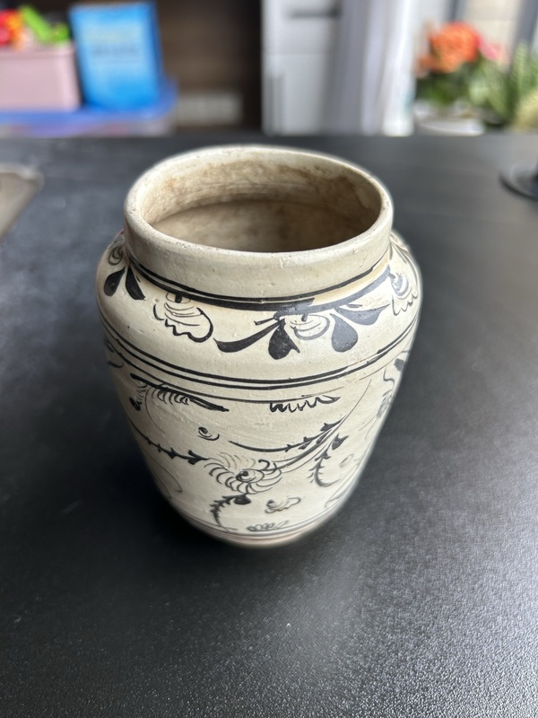 古玩陶瓷元代磁州窯白地黑花花鳥蝴蝶紋罐（蝴蝶鳥紋）拍賣，當前價格1728元