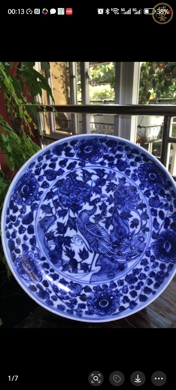 古玩陶瓷明成化孔雀牡丹圖青花盤真品鑒賞圖