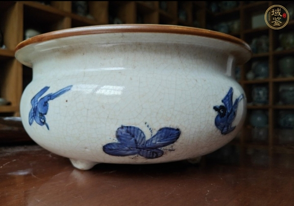 古玩陶瓷哥釉地青花喜上眉梢花鳥紋香爐真品鑒賞圖