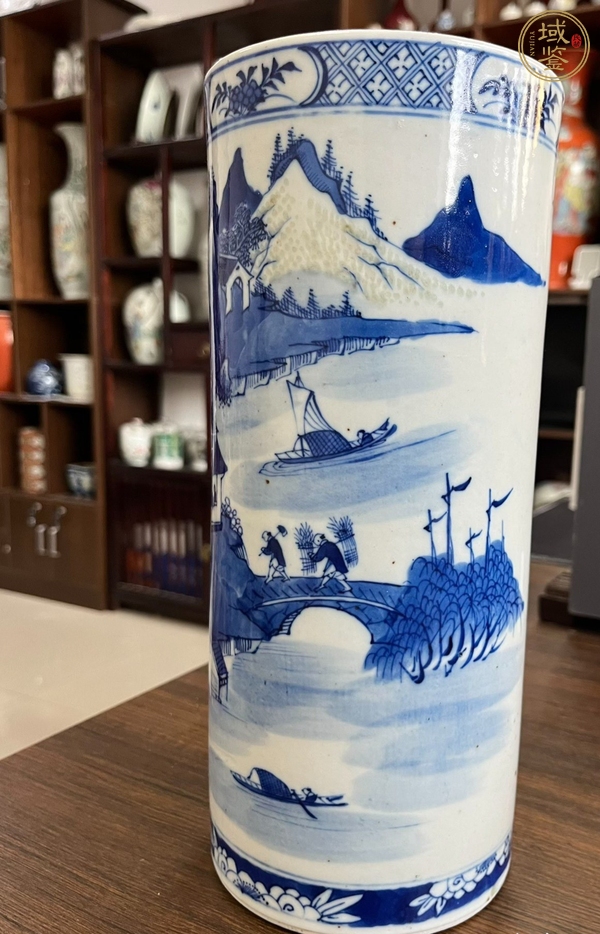 古玩陶瓷樵漁耕讀山水紋青花帽筒真品鑒賞圖