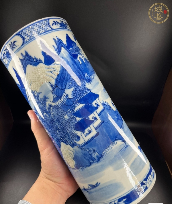 古玩陶瓷樵漁耕讀山水紋青花帽筒真品鑒賞圖