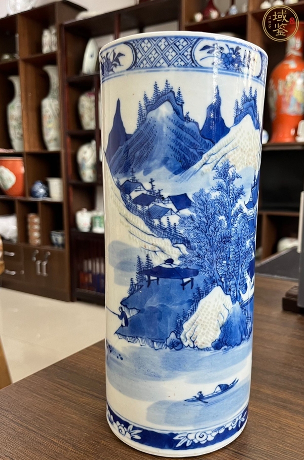 古玩陶瓷樵漁耕讀山水紋青花帽筒真品鑒賞圖