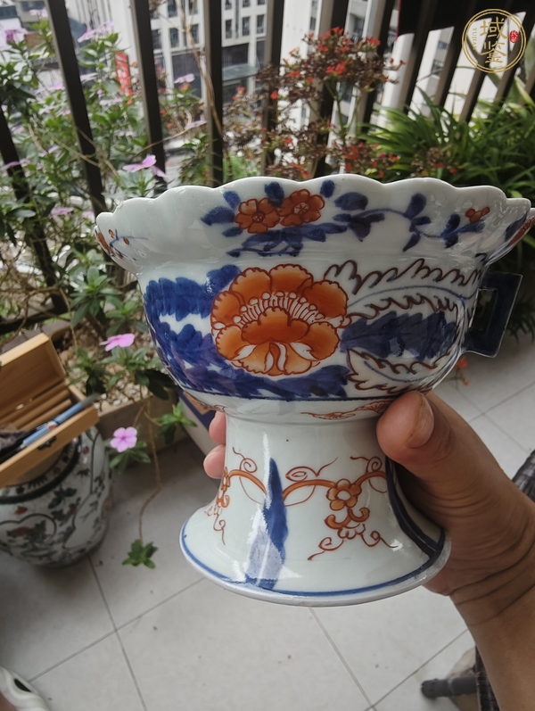 古玩陶瓷民國青花礬紅彩高足貢碗真品鑒賞圖