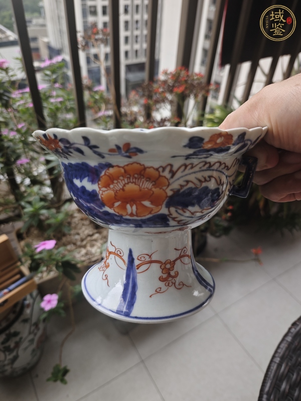 古玩陶瓷民國青花礬紅彩高足貢碗真品鑒賞圖