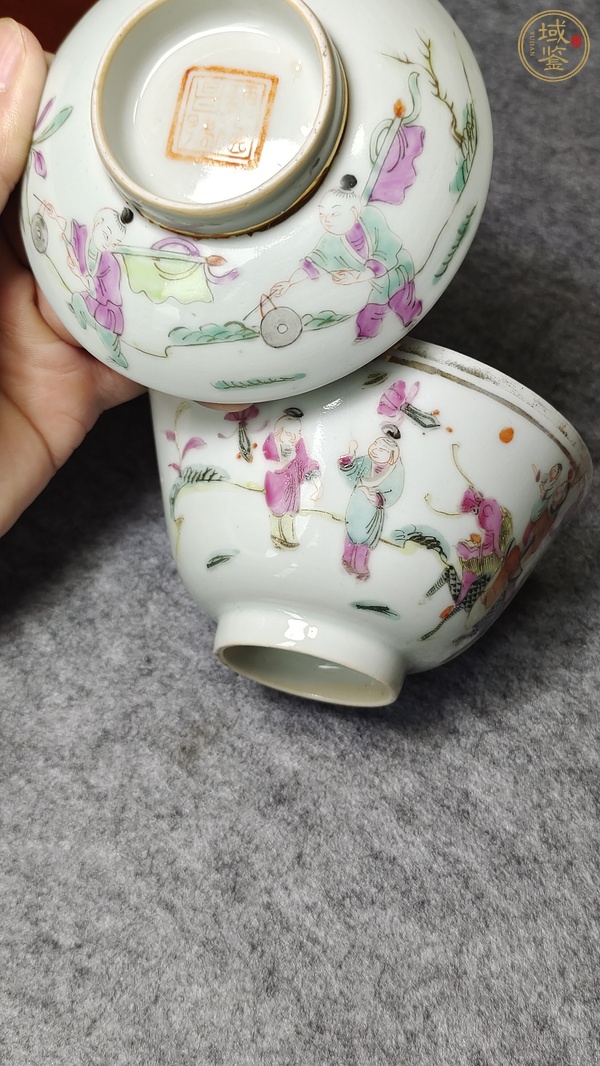 古玩陶瓷粉彩人物故事紋蓋碗，蓋子后加彩真品鑒賞圖
