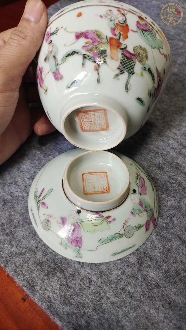 古玩陶瓷粉彩人物故事紋蓋碗，蓋子后加彩真品鑒賞圖