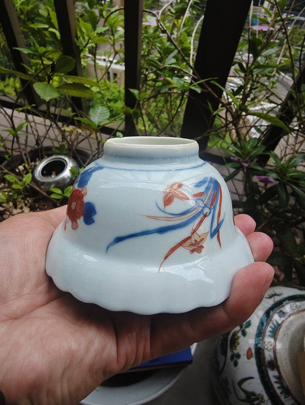 古玩陶瓷康熙青花礬紅描金花口蓋碗拍賣，當前價格600元