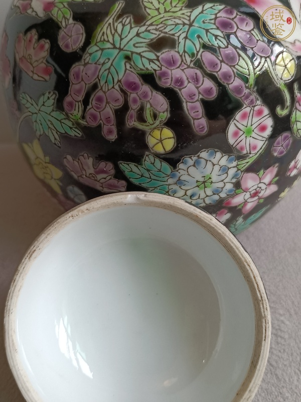 古玩陶瓷墨地粉彩花卉紋蓋罐真品鑒賞圖