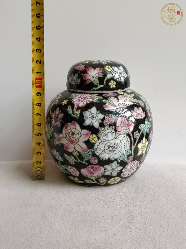 古玩陶瓷墨地粉彩花卉紋蓋罐真品鑒賞圖
