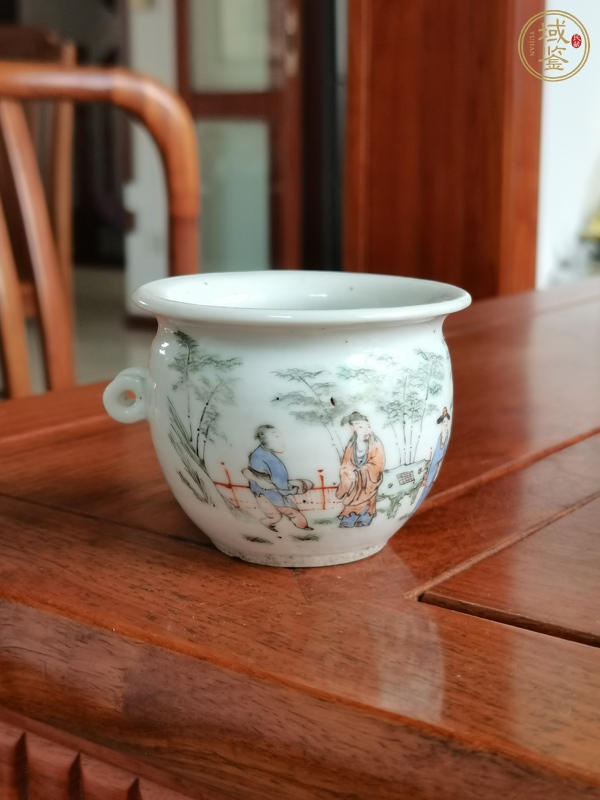 古玩清晚期 粉彩竹林七賢鳥(niǎo)食缸真品鑒賞圖