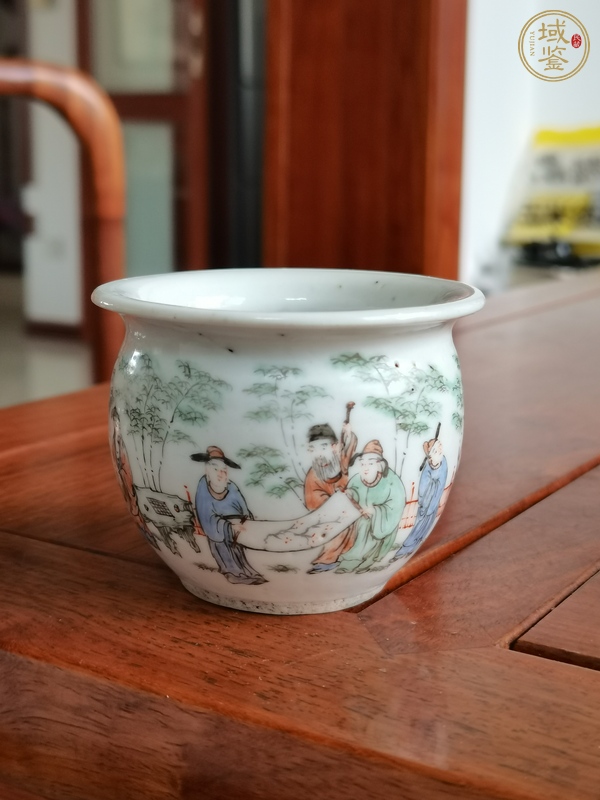 古玩陶瓷清晚期 粉彩竹林七賢鳥食缸真品鑒賞圖