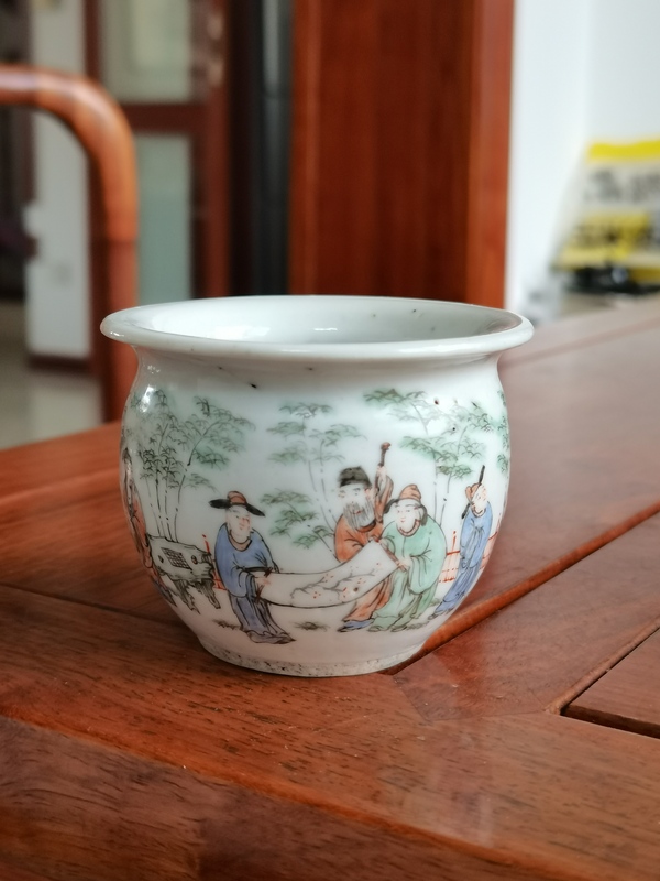 古玩陶瓷清晚期 粉彩竹林七賢鳥食缸拍賣，當前價格3980元