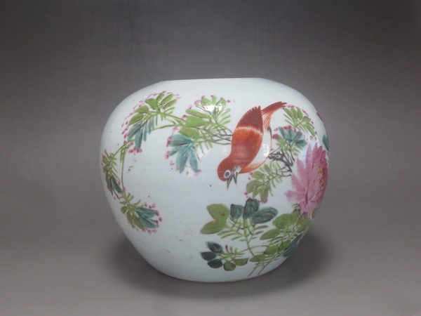 古玩陶瓷晚清粉彩花鳥紋西瓜罐拍賣，當(dāng)前價(jià)格1550元