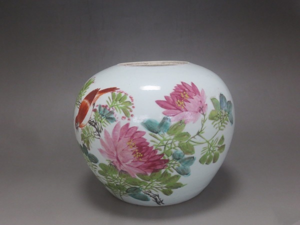 古玩陶瓷晚清粉彩花鳥紋西瓜罐拍賣，當(dāng)前價(jià)格1550元