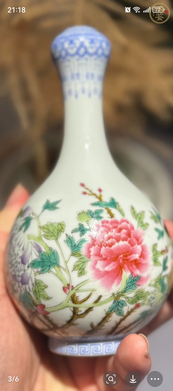 古玩陶瓷花卉紋粉彩蒜頭瓶真品鑒賞圖