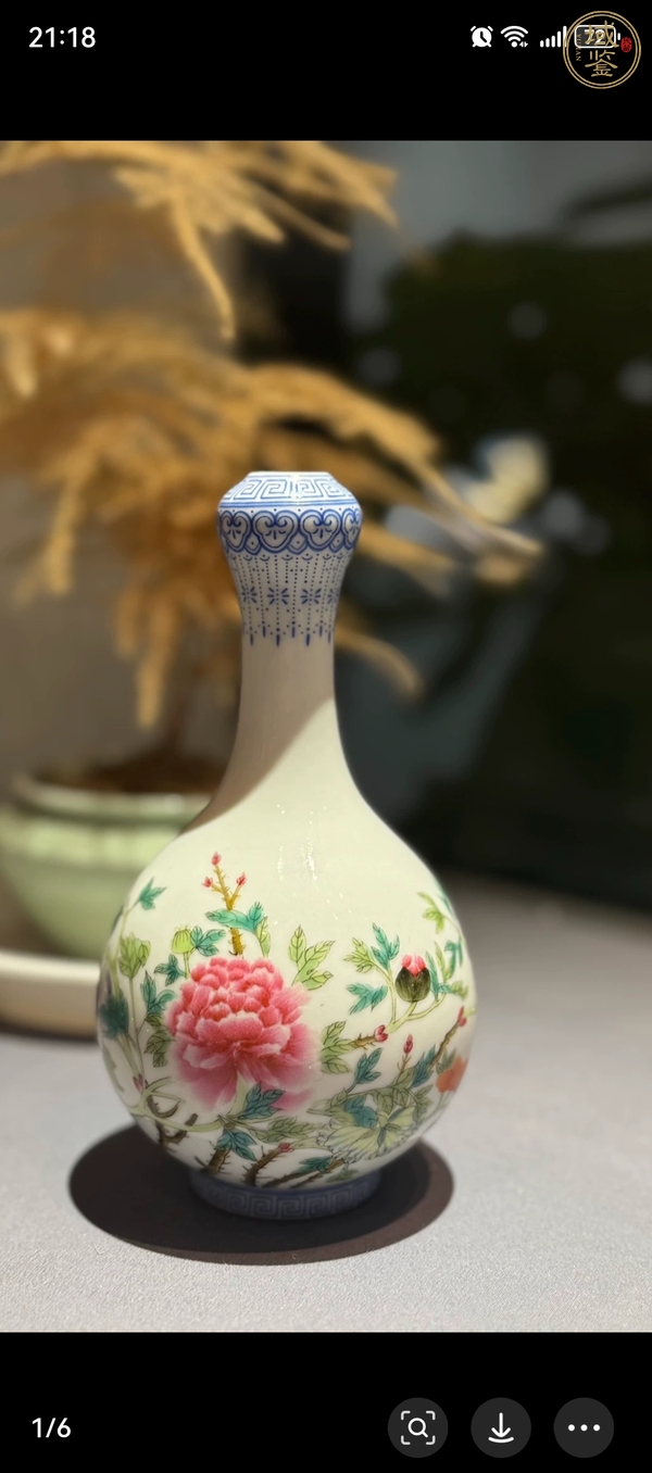 古玩陶瓷花卉紋粉彩蒜頭瓶真品鑒賞圖
