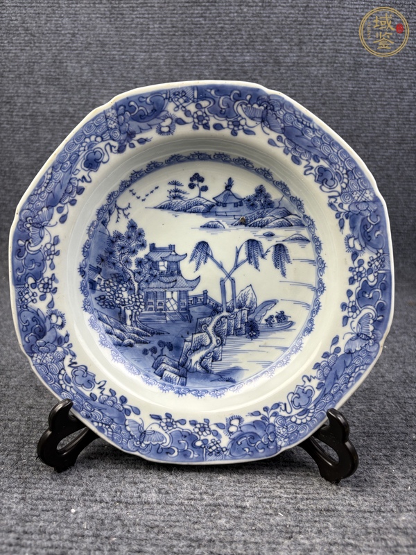 古玩陶瓷青花山水亭臺樓閣紋盤真品鑒賞圖