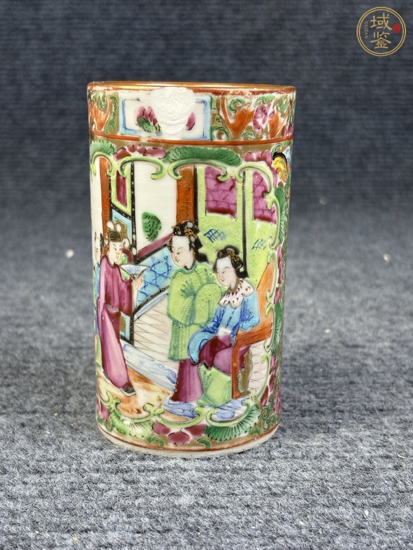 古玩陶瓷廣彩人物故事花鳥紋筆筒真品鑒賞圖