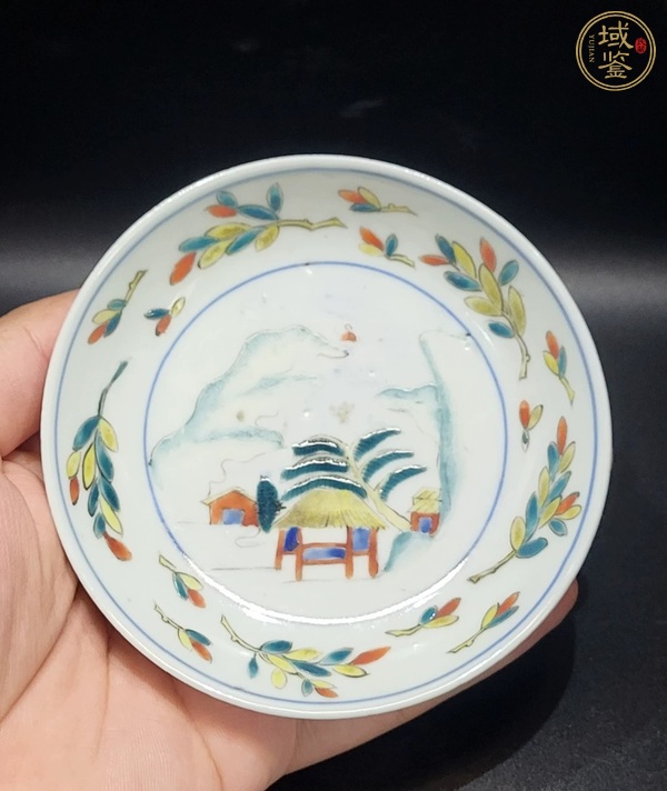 古玩陶瓷日本明治彩繪山水人物盤真品鑒賞圖