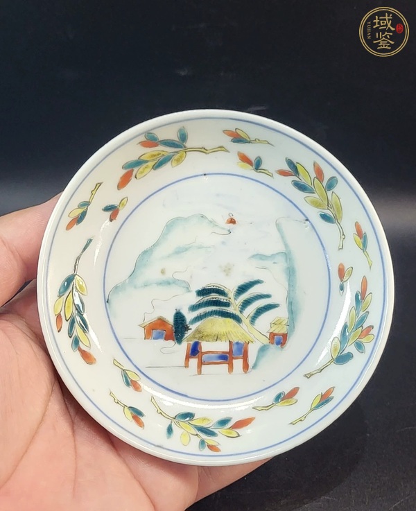 古玩陶瓷日本明治彩繪山水人物盤真品鑒賞圖