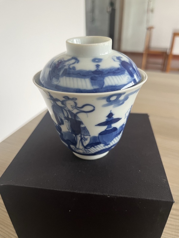 古玩轉賣清道光青花仙人乘槎圖蓋碗拍賣，當前價格158元