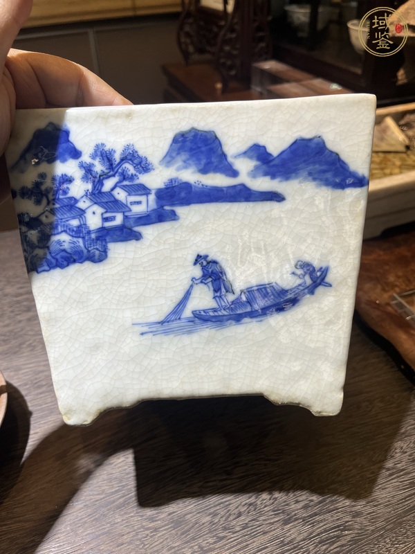 古玩清同治青花漁家樂故事圖方花盆真品鑒賞圖