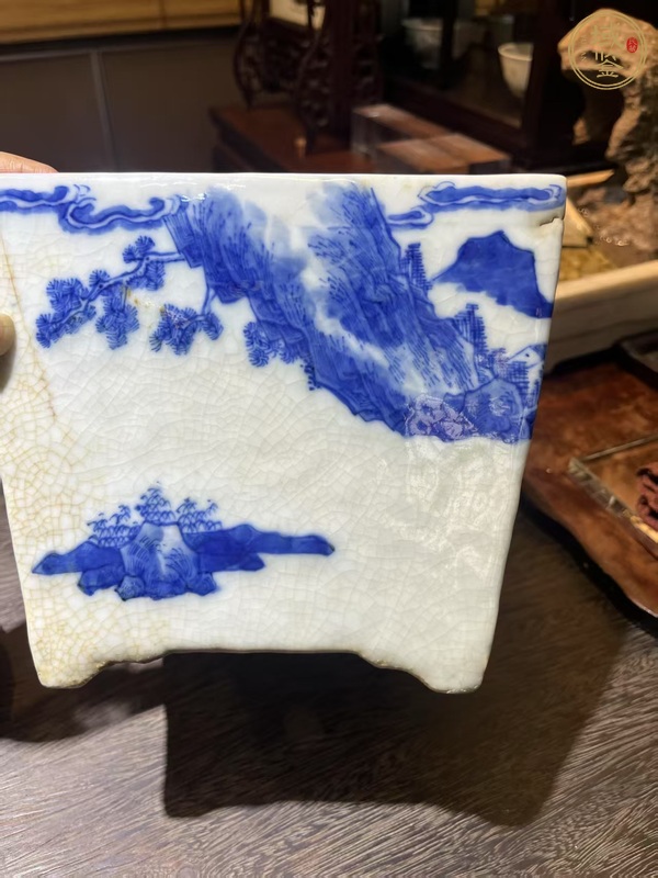 古玩陶瓷清同治青花漁家樂故事圖方花盆真品鑒賞圖