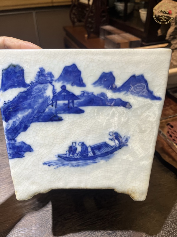 古玩陶瓷清同治青花漁家樂故事圖方花盆真品鑒賞圖