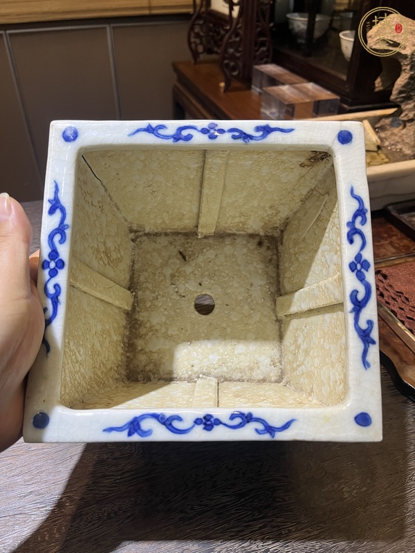古玩陶瓷清同治青花漁家樂故事圖方花盆真品鑒賞圖