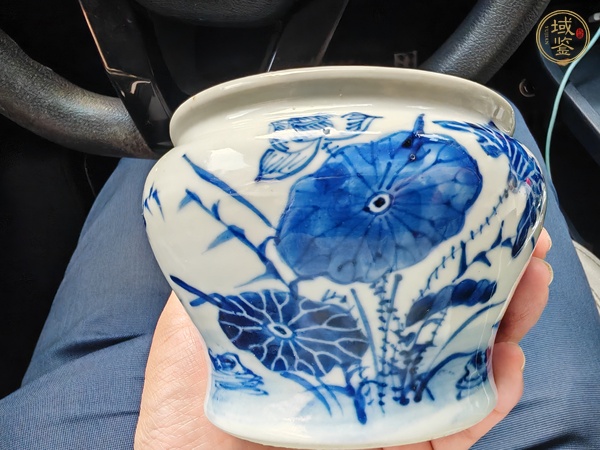 古玩陶瓷青花荷塘花卉紋水缸真品鑒賞圖