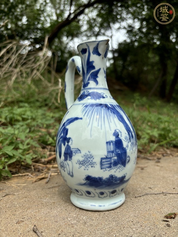 古玩陶瓷明崇禎青花高士童子故事圖花澆真品鑒賞圖