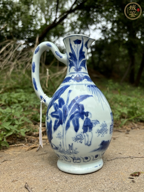 古玩陶瓷明崇禎青花高士童子故事圖花澆真品鑒賞圖