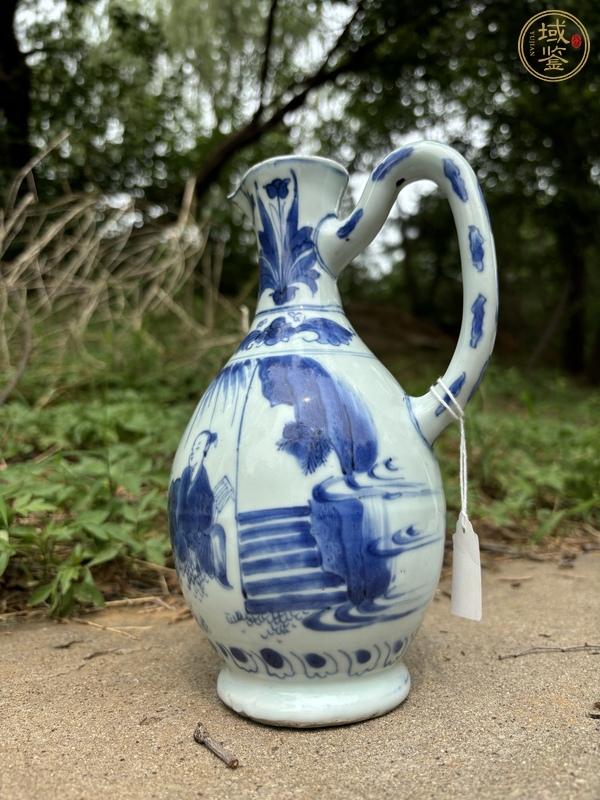 古玩陶瓷明崇禎青花高士童子故事圖花澆真品鑒賞圖
