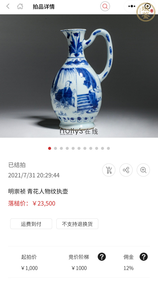 古玩陶瓷明崇禎青花高士童子故事圖花澆真品鑒賞圖