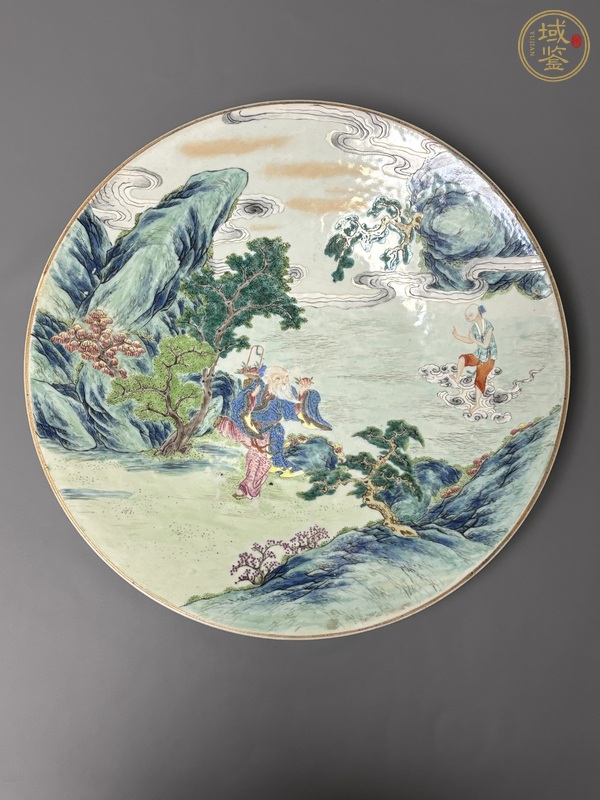 古玩陶瓷清中期 粉彩東方朔偷桃紋大盤真品鑒賞圖