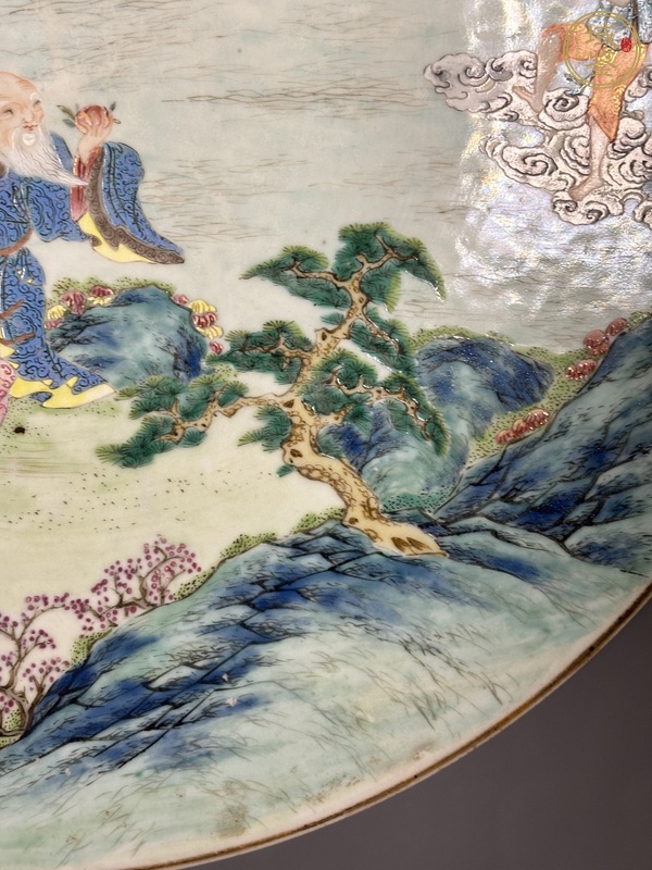 古玩陶瓷清中期 粉彩東方朔偷桃紋大盤真品鑒賞圖
