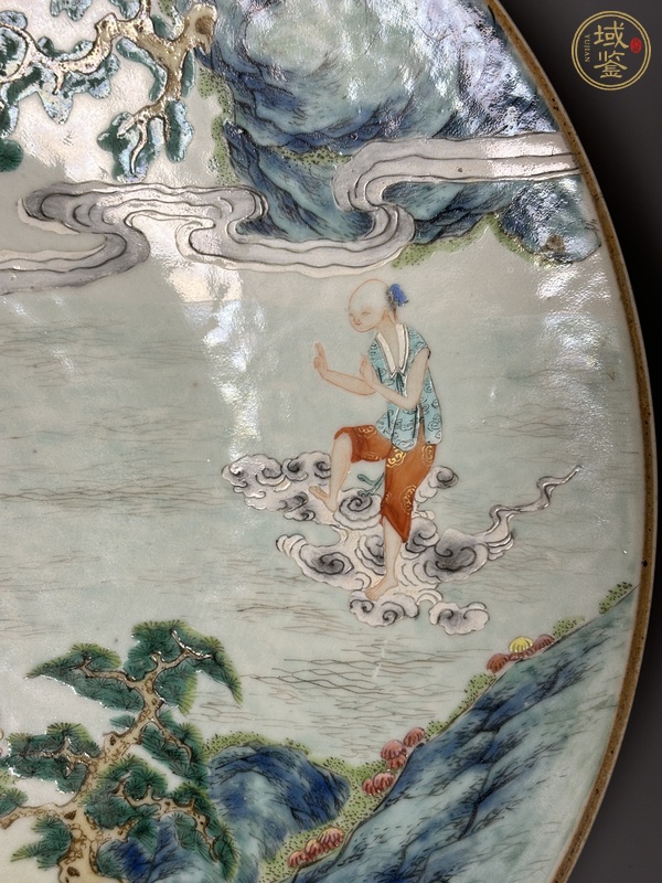 古玩陶瓷清中期 粉彩東方朔偷桃紋大盤真品鑒賞圖