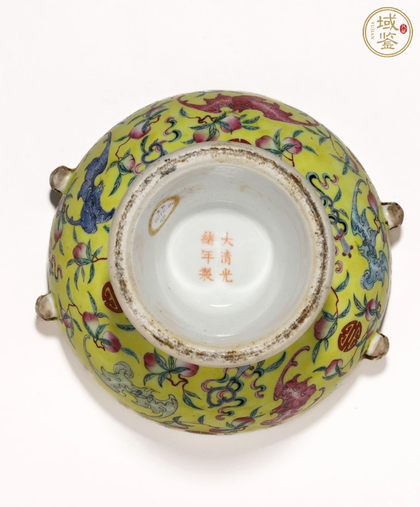 古玩陶瓷黃釉地粉彩福壽紋四系高樁暖鍋真品鑒賞圖