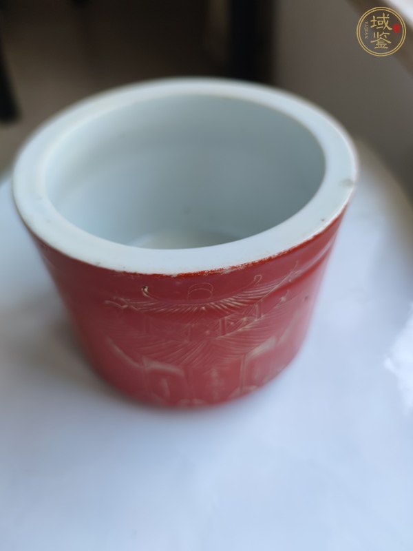 古玩陶瓷珊瑚紅釉描金圈足筒式香爐真品鑒賞圖