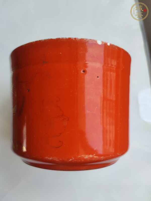 古玩陶瓷珊瑚紅釉描金圈足筒式香爐真品鑒賞圖
