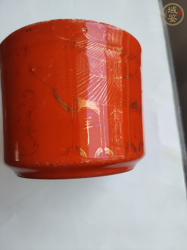 古玩陶瓷珊瑚紅釉描金圈足筒式香爐真品鑒賞圖