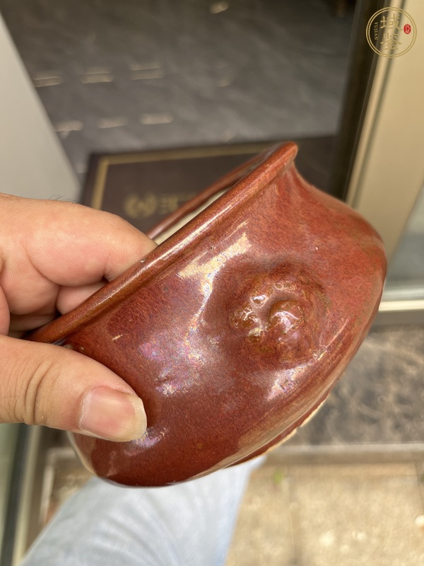 古玩陶瓷石灣窯紅釉雙獸耳爐真品鑒賞圖