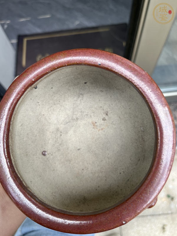 古玩陶瓷石灣窯紅釉雙獸耳爐真品鑒賞圖