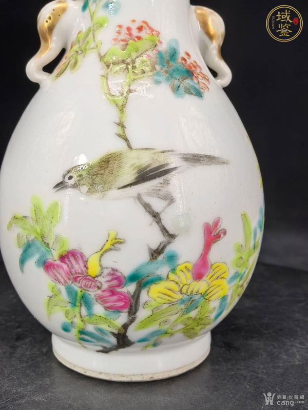 古玩陶瓷粉彩花鳥紋象耳尊真品鑒賞圖