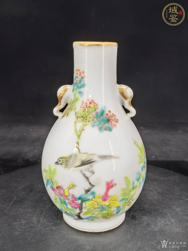 古玩陶瓷粉彩花鳥紋象耳尊真品鑒賞圖